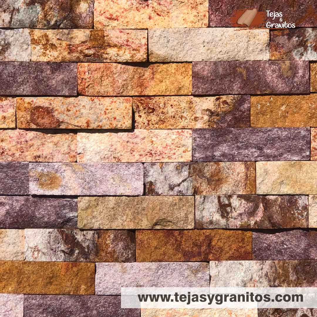 Marmuro Arcoíris es una cintilla de piedra natural ideal para interiores y exteriores, es piedra tronchada y tiene colores morados y amarillos.
